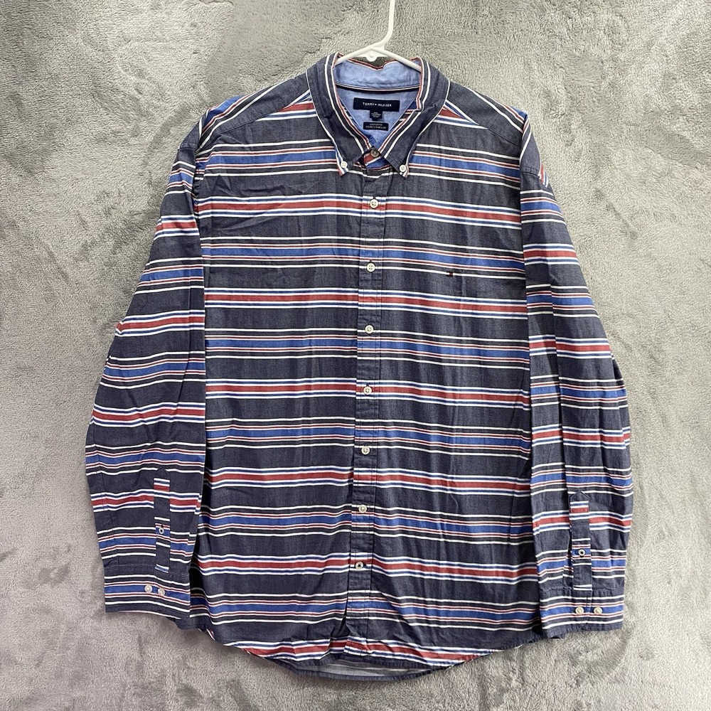 Tommy Hilfiger Mens XXL Navy Blue Red Striped Custom Fit Shirt Button Down EUC!